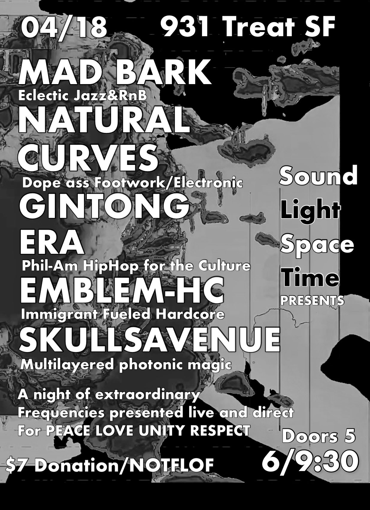 A black and white flyer with abstract background prominent white text lists the performer's names: MAD BARK, NATURAL CURVES, GINTONG ERA, EMBLEM-HC and SKULLSAVENUE as well as time and location info. The text incorporated into the image is below