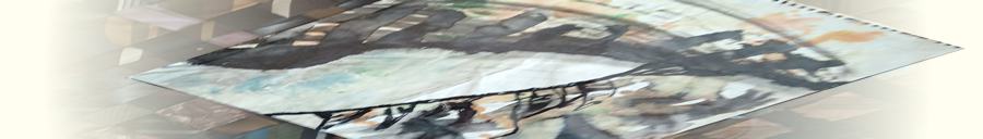 decorative image, a photograph of a crude watercolor painting of a human face showing only a partial eye with exagerated eyelashes and the painting rests on a bed of neckties woven together